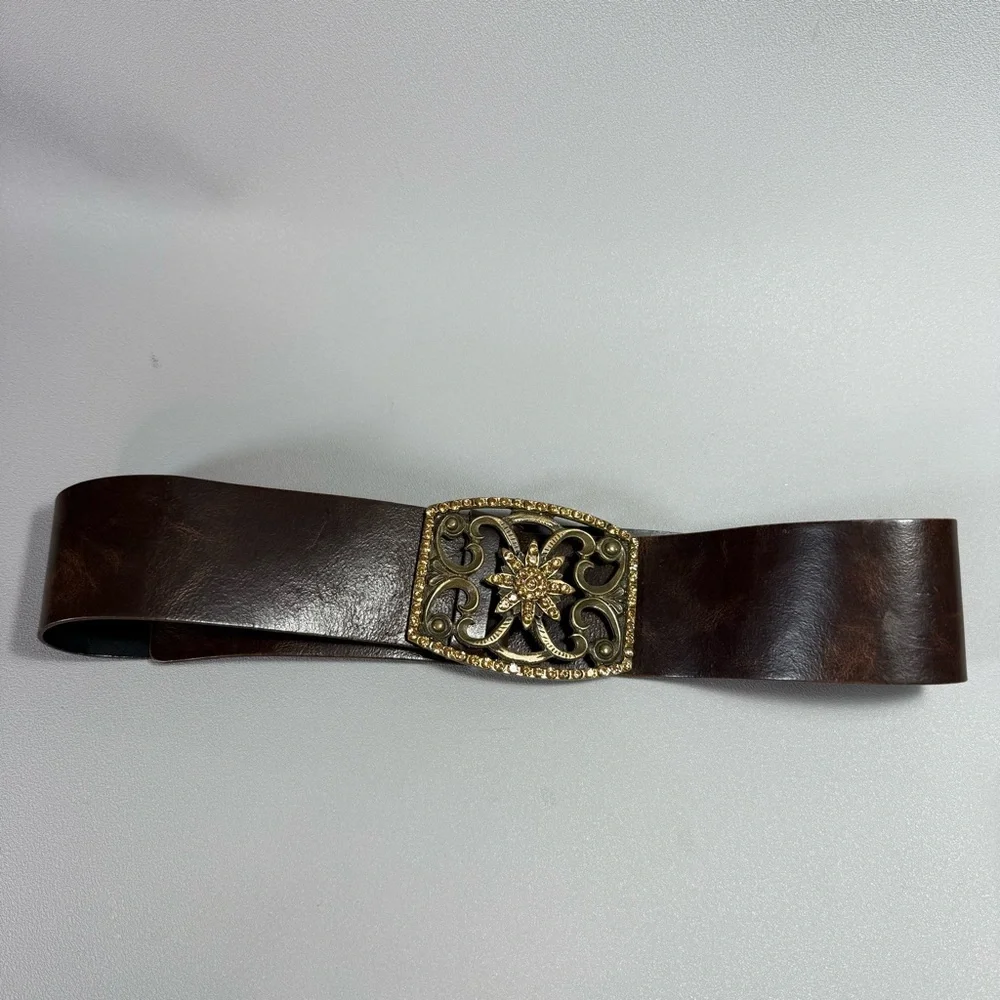 Stunning Brown Leather Wide Belt with Rhinestone Embellished Bronze Buckle